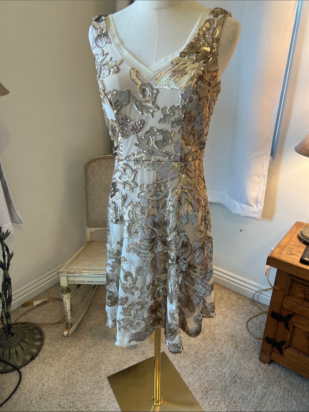 MARINA Cream Midi Dress with Gold Sequin Embroidery